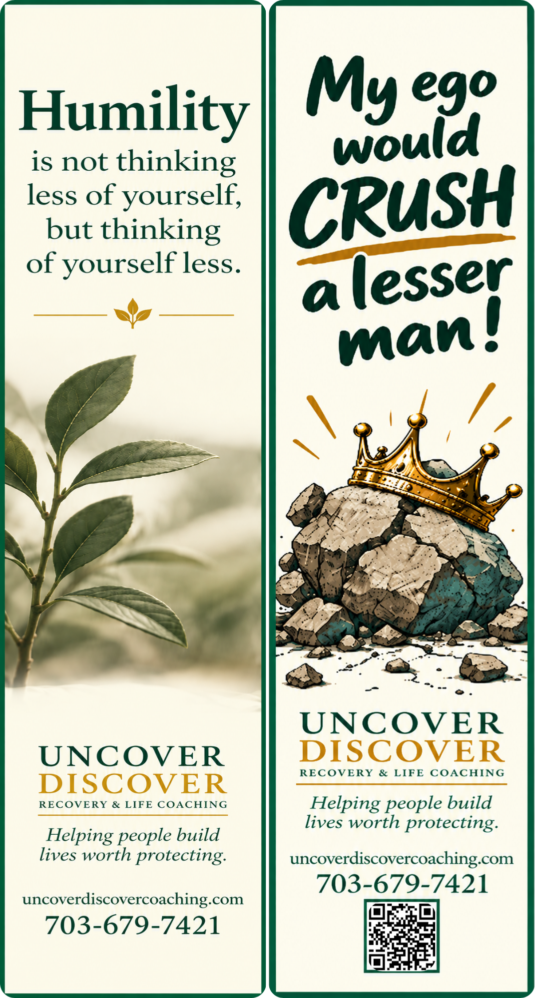 Ego and Humility recovery bookmark — humility quote with botanical imagery on one side, ego challenge with crown illustration on the other