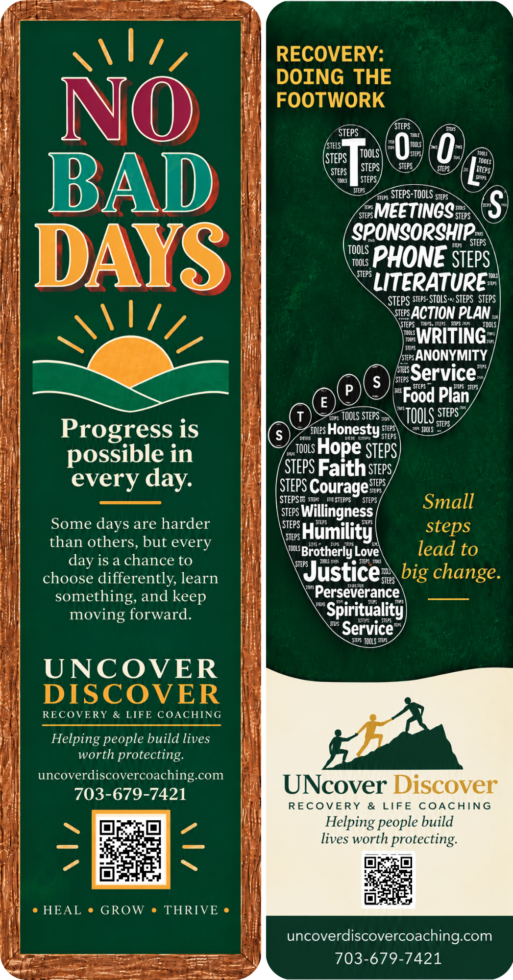 No Bad Days recovery bookmark — progress is possible in every day on one side, Recovery: Doing the Footwork tools on the other