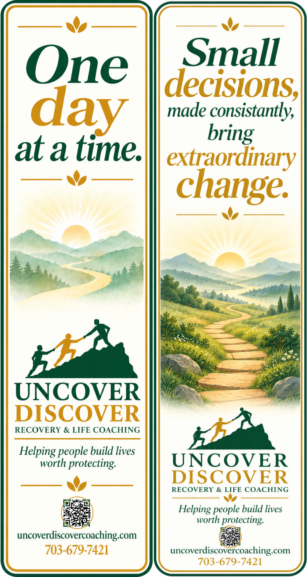 One Day at a Time and Small Decisions recovery bookmark — two-sided design with landscape imagery and Uncover Discover branding