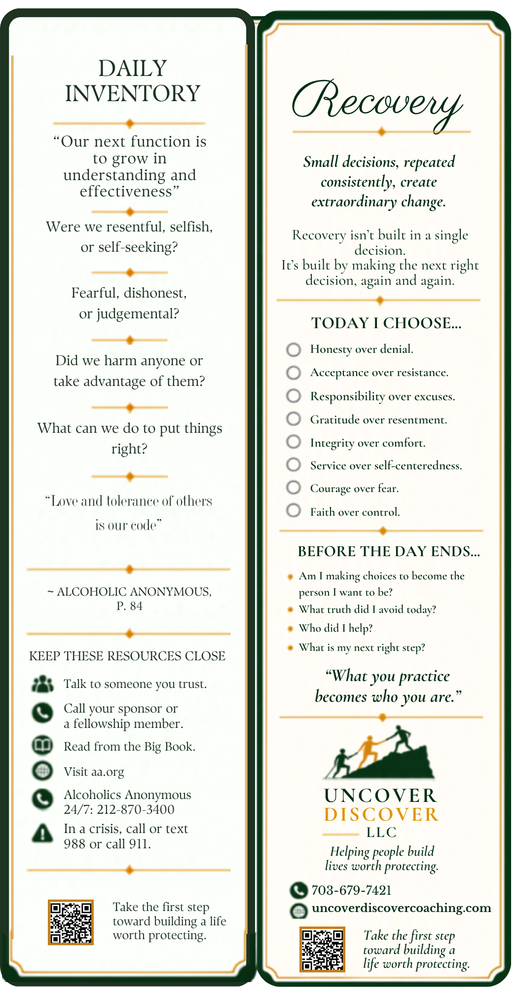 Jeff’s reading bookmark - a two-sided recovery reference card with daily reflection prompts
