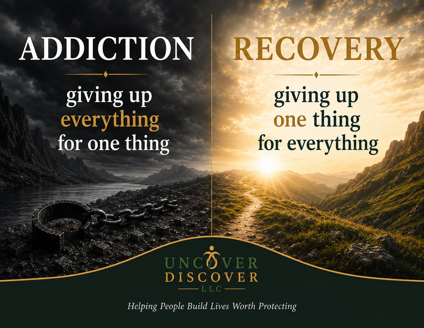 Addiction and recovery reflection card with contrasting before-and-after mountain scenes