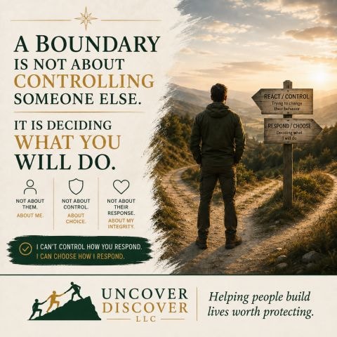 Healthy boundaries reflection card with a person walking on a mountain path at a crossroads