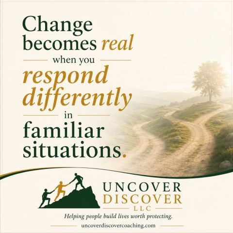 Change becomes real reflection card with a winding countryside path and a quote about responding differently