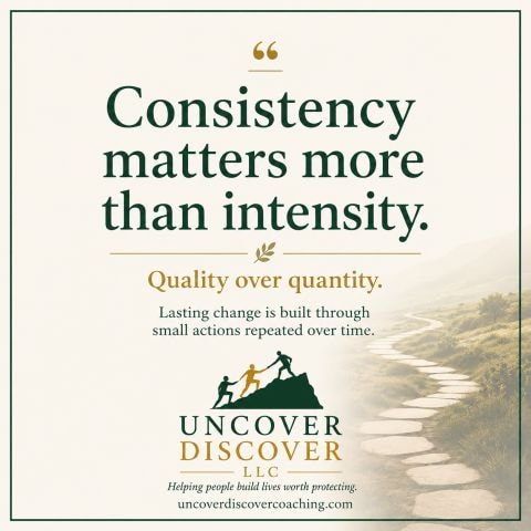 Consistency over intensity reflection card with stepping stones and a quote about sustainable change