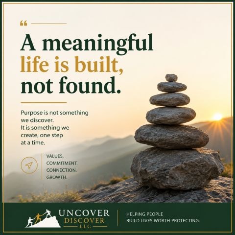 Meaningful life reflection card with stacked stones and a sunrise, about building purpose through daily choices