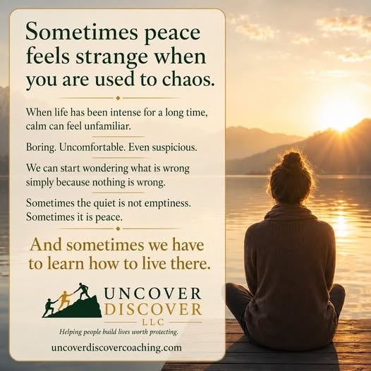 Recovery reflection card about finding peace in recovery, with a person meditating by a lake at sunset