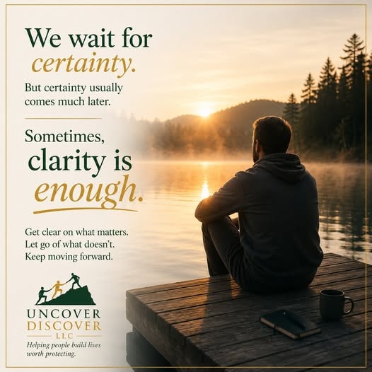 Recovery reflection card about choosing clarity over certainty, with a man sitting on a lakeside dock at sunset