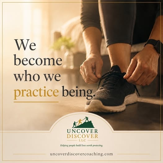 Recovery reflection card about becoming who you practice being, with a person tying a running shoe and a motivational quote
