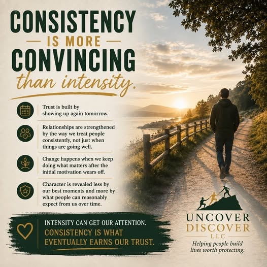 Recovery reflection card about consistency being more convincing than intensity, with a motivational quote