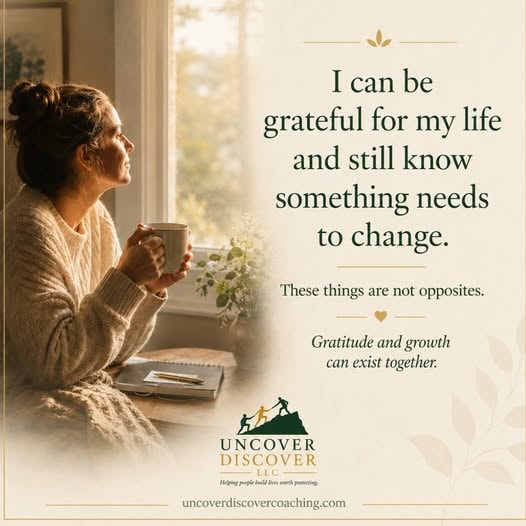 Gratitude recovery reflection card with a woman holding coffee beside an inspirational quote