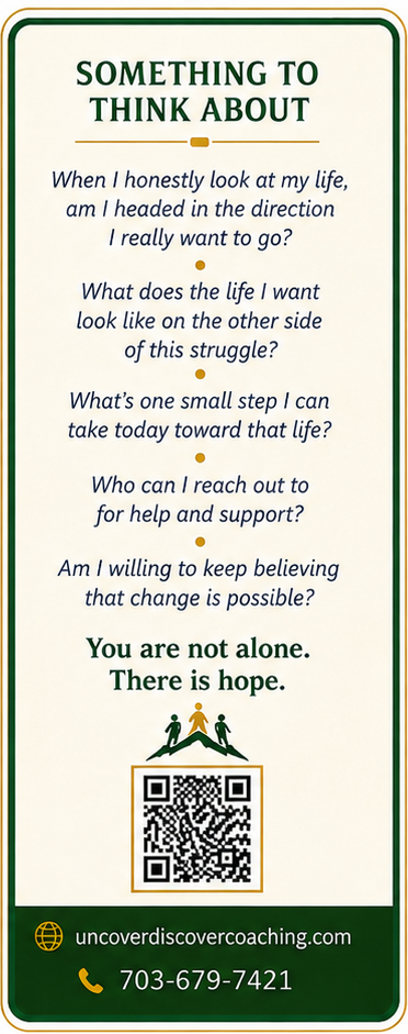 Vertical reflection card with hopeful recovery questions and QR code linking to more resources