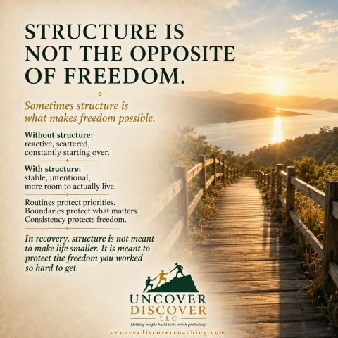 Structure and freedom reflection card with a sunlit coastal boardwalk and a quote about routines protecting freedom