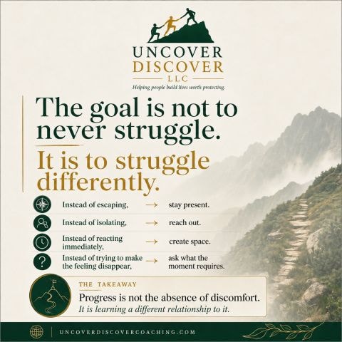 Struggle differently reflection card with a mountain path and a quote about a different relationship with difficulty