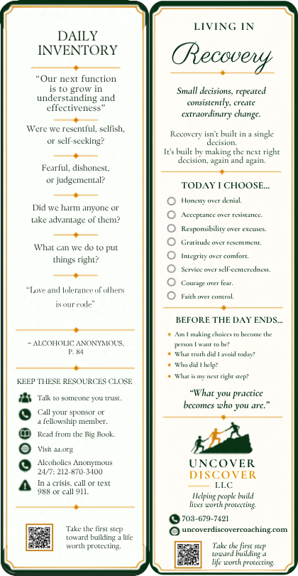 Daily Inventory recovery bookmark with reflection prompts and crisis resources